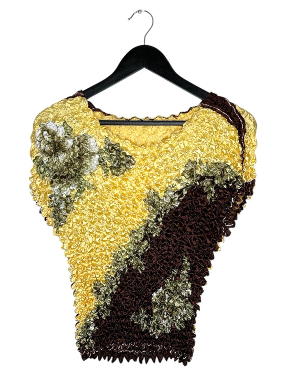 Radiance Textured Crinkle Floral Top Y2K Popcorn Stretch Blouse Brown Yellow OS